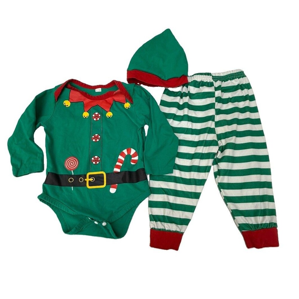 Baby Christmas Elf Outfit 6-12M Green Red Striped Pants Hat 3-Piece